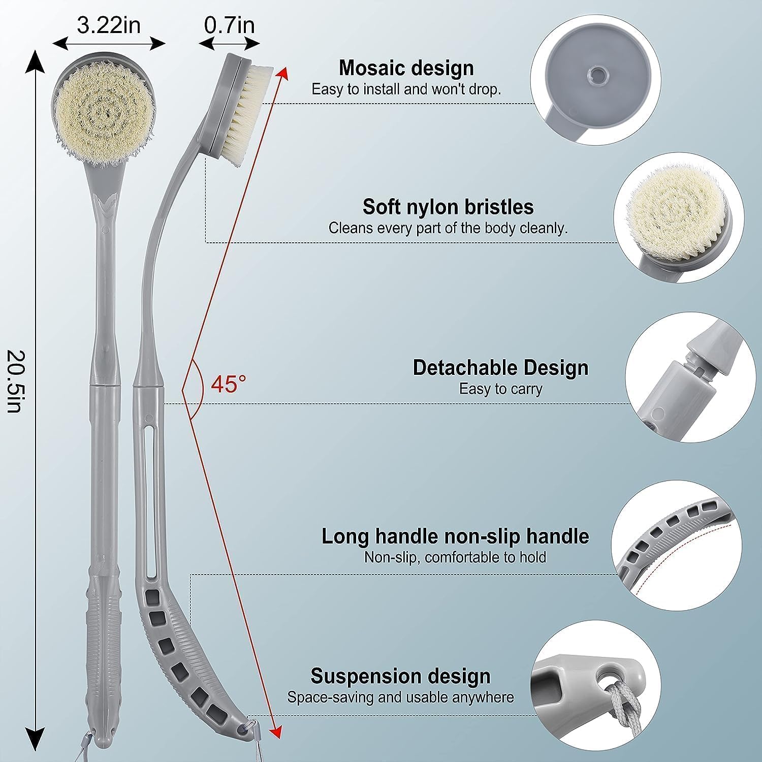 Back Brush Long Handle for Shower, 20.5” Bath Brush, Back Scrubber, Shower Body Brush with Curved Handle for Elderly Disabled, Limited Mobility, Frozen Shoulder,Men and Women