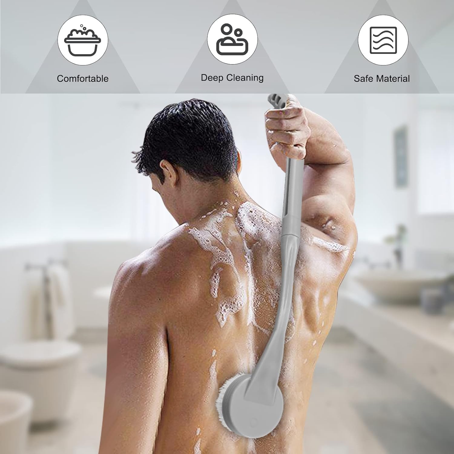 Back Brush Long Handle for Shower, 20.5” Bath Brush, Back Scrubber, Shower Body Brush with Curved Handle for Elderly Disabled, Limited Mobility, Frozen Shoulder,Men and Women