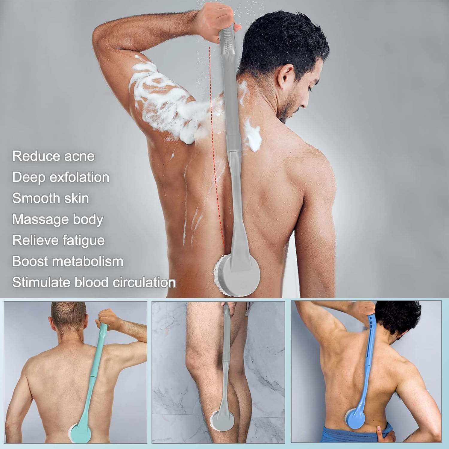 Back Brush Long Handle for Shower, 20.5” Bath Brush, Back Scrubber, Shower Body Brush with Curved Handle for Elderly Disabled, Limited Mobility, Frozen Shoulder,Men and Women