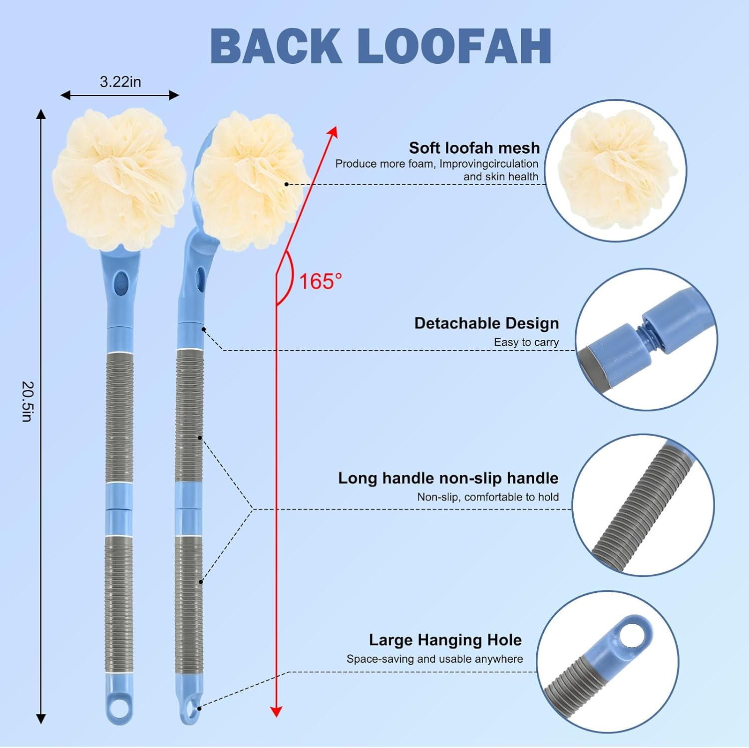 Loofah with Handle, 21.7” Removable Back Scrubber, Exfoliation and Improved Skin Health, Shower Loofah for Men and Women（Blue）