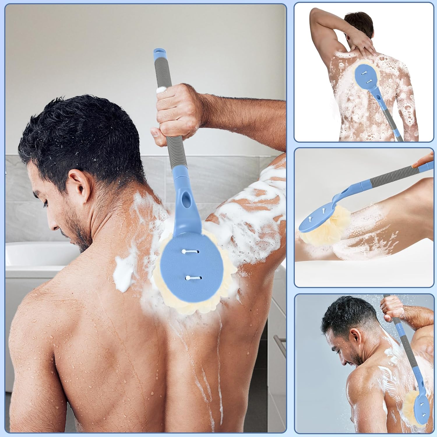 Loofah with Handle, 21.7” Removable Back Scrubber, Exfoliation and Improved Skin Health, Shower Loofah for Men and Women（Blue）
