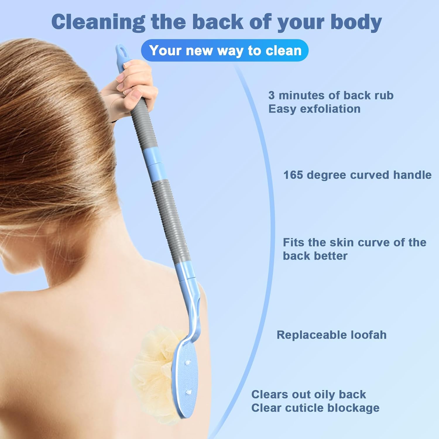 Loofah with Handle, 21.7” Removable Back Scrubber, Exfoliation and Improved Skin Health, Shower Loofah for Men and Women（Blue）