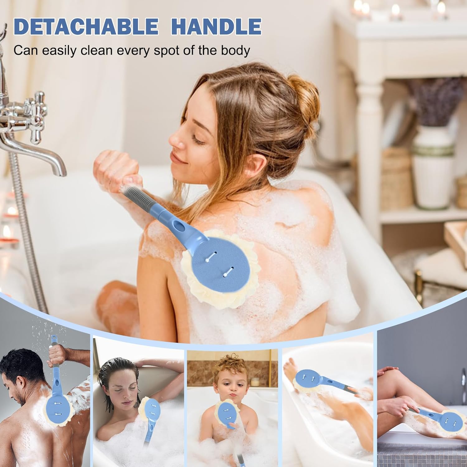 Loofah with Handle, 21.7” Removable Back Scrubber, Exfoliation and Improved Skin Health, Shower Loofah for Men and Women（Blue）