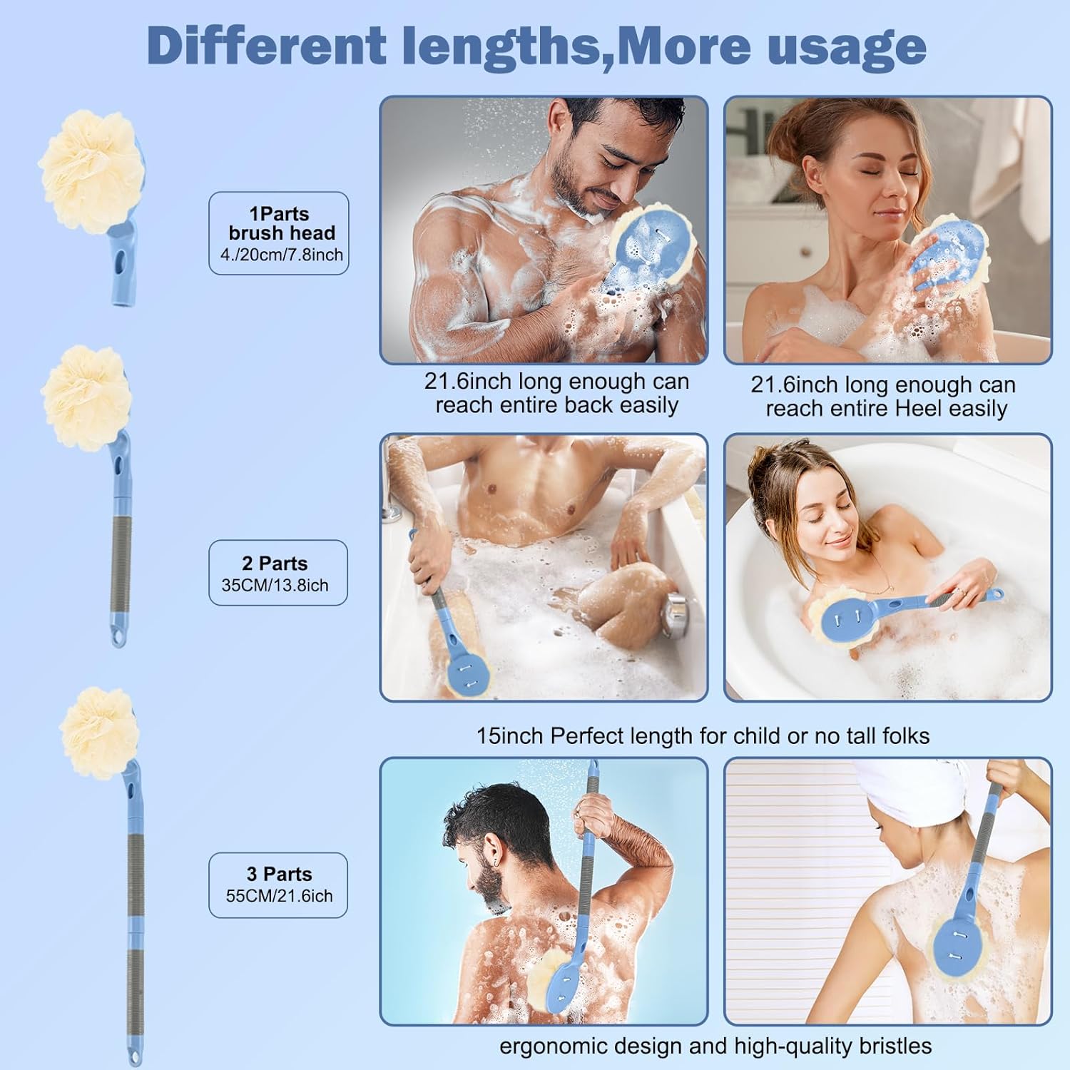 Loofah with Handle, 21.7” Removable Back Scrubber, Exfoliation and Improved Skin Health, Shower Loofah for Men and Women（Blue）