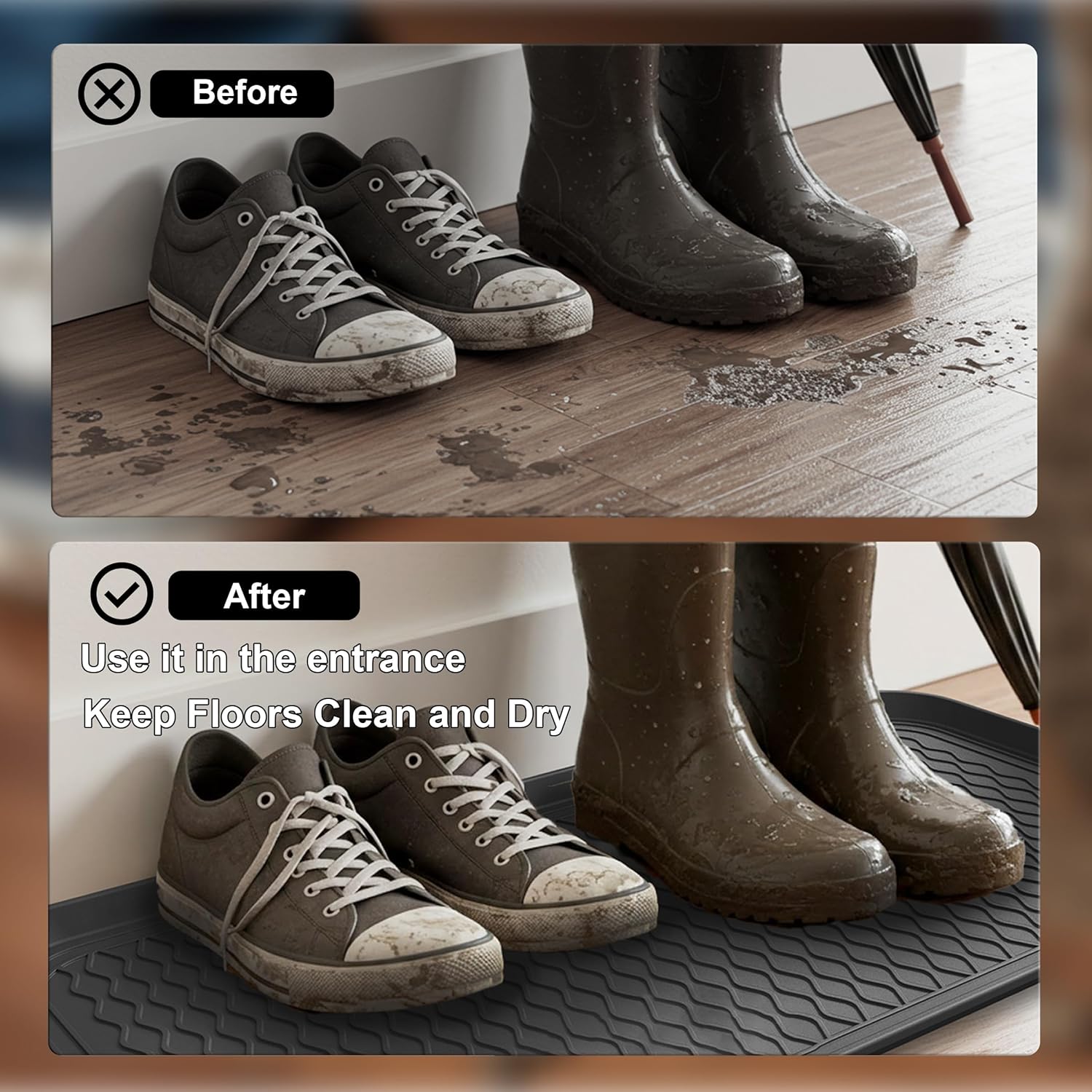 Boot Trays for Entryway, Multifunctional Shoe Mat with Cleaning Brush, Boot Tray for Shoes Plants Pots Paint Tins Pet Bowls (1pcs 30