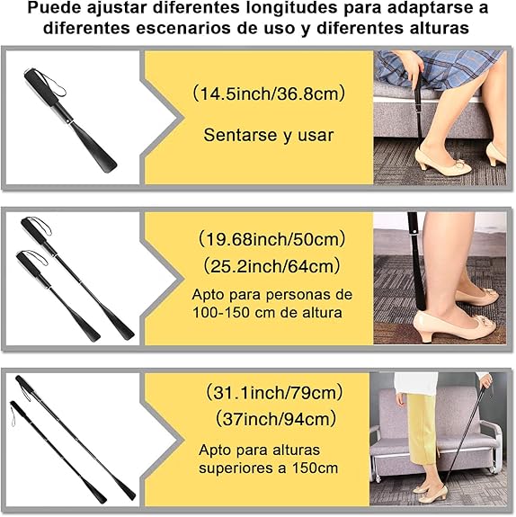 Calzador de Zapatos Largo, Calzador Retráctil de 37-94 cm, Calzador de Aluminio Para Hombres, Mujeres, Niños y Personas Mayores, Para todo tipo de Calzado