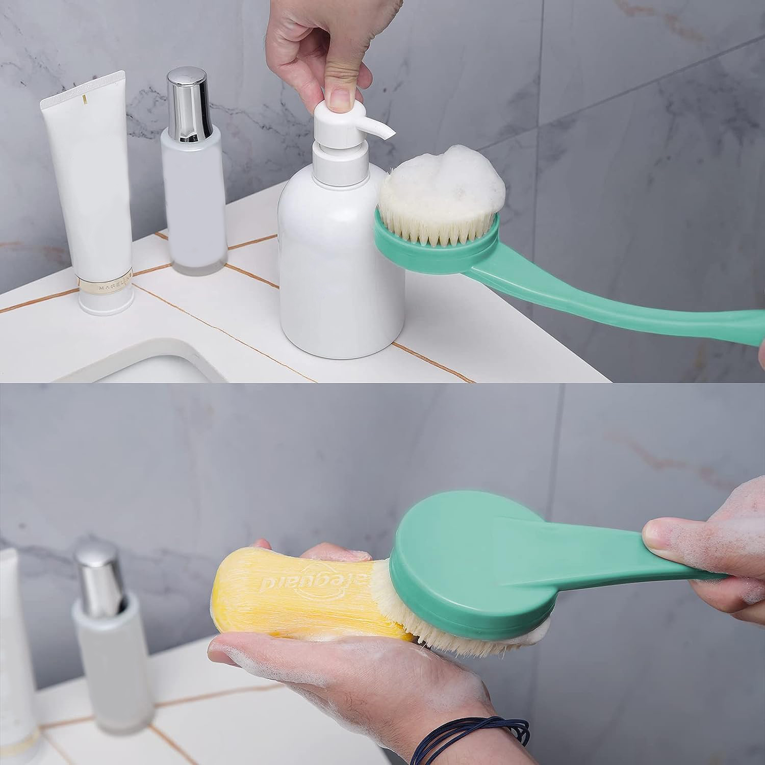 Cepillo De Baño Ducha Mango Largo, 55cm Cepillo para Baño, Con Para Personas Mayores Discapacitadas, Movilidad Limitada, Hombres y Mujeres Cepillo Exfoliante Corporal (Cian)