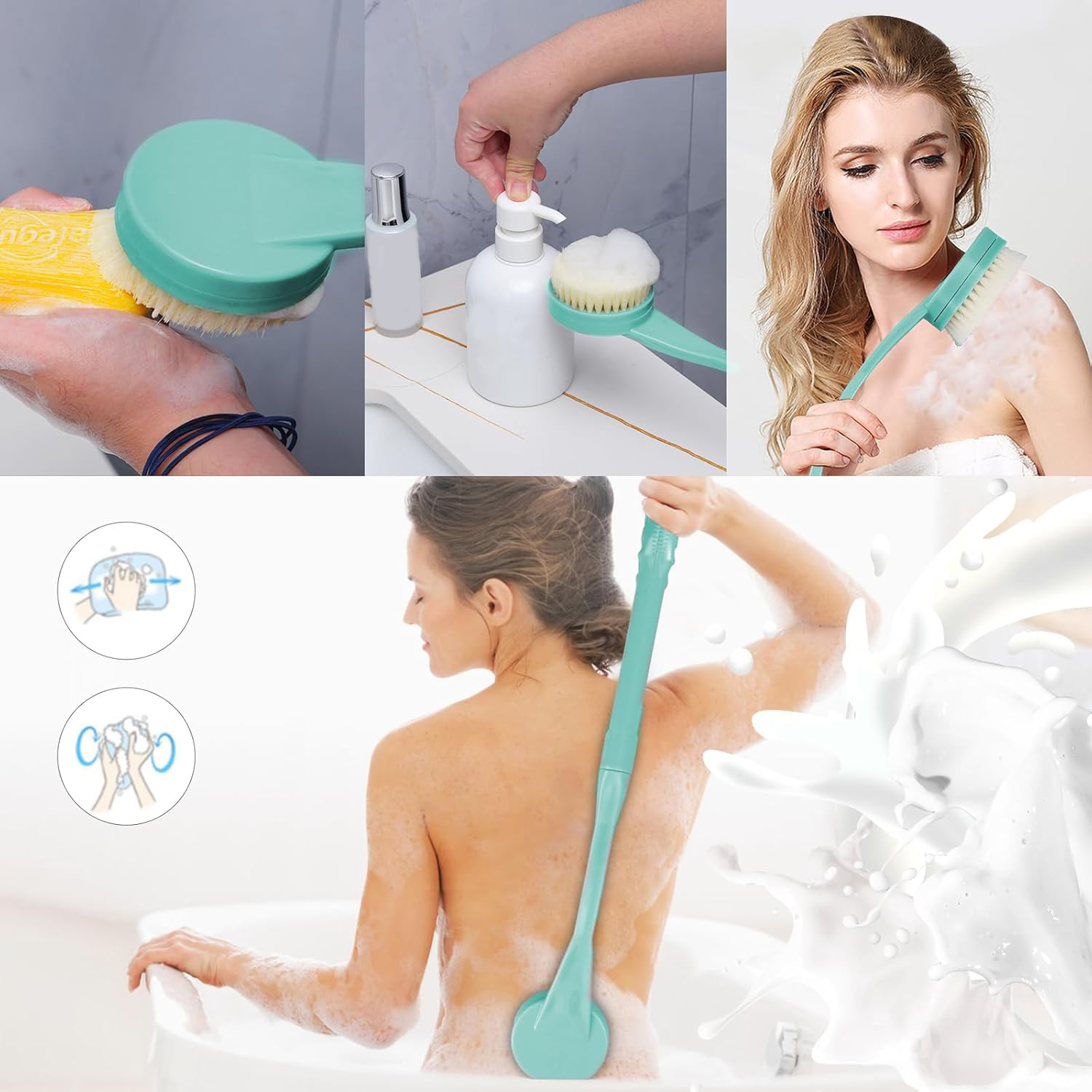 Cepillo De Baño Ducha Mango Largo, 55cm Cepillo para Baño, Con Para Personas Mayores Discapacitadas, Movilidad Limitada, Hombres y Mujeres Cepillo Exfoliante Corporal (Cian)