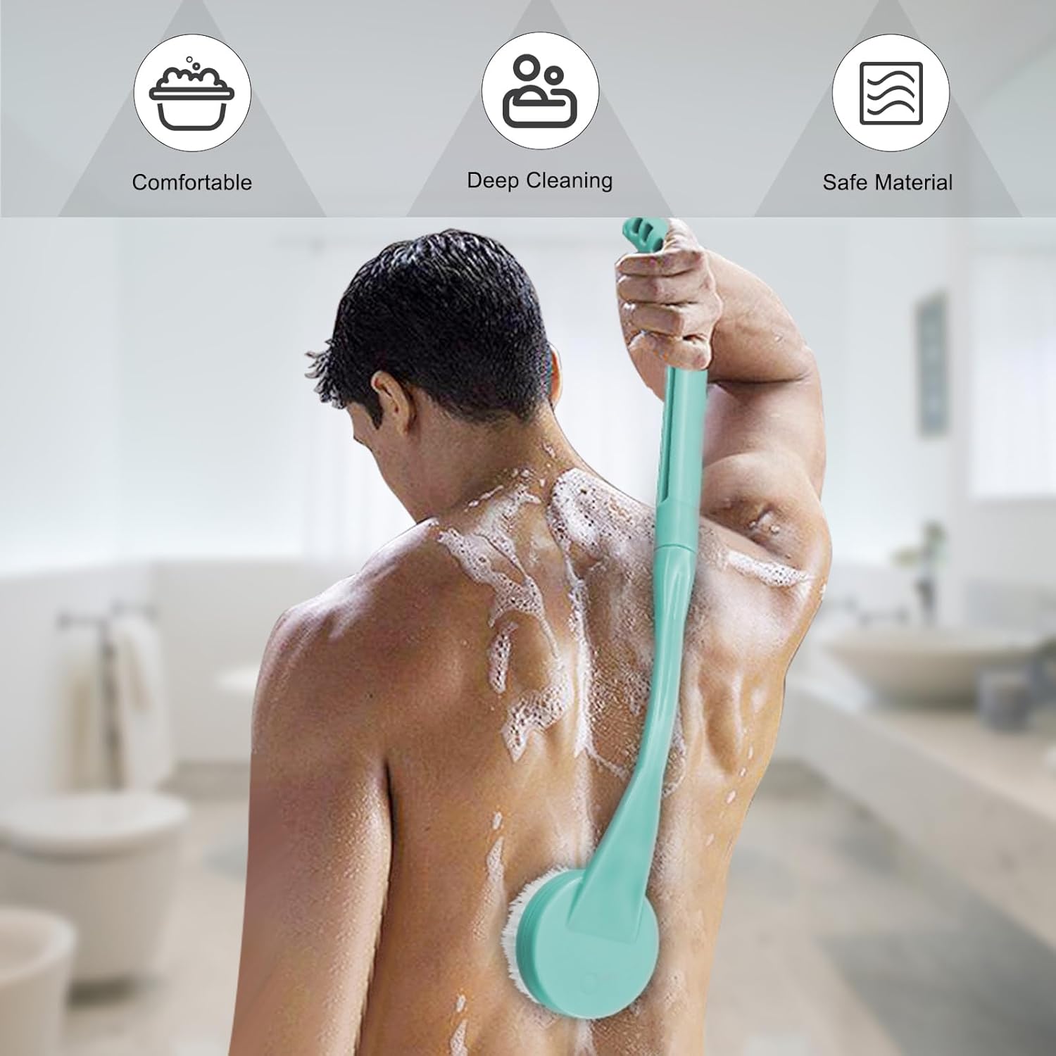 Cepillo De Baño Ducha Mango Largo, 55cm Cepillo para Baño, Con Para Personas Mayores Discapacitadas, Movilidad Limitada, Hombres y Mujeres Cepillo Exfoliante Corporal (Cian)
