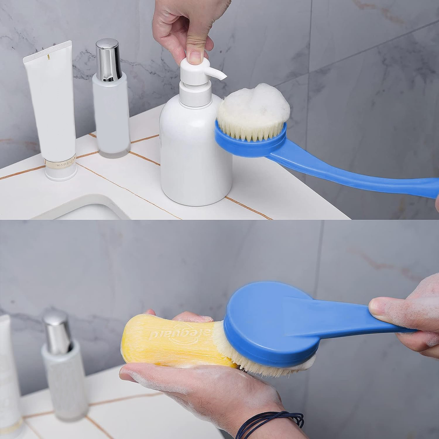 Cepillo De Baño Ducha Mango Largo, 55cm Cepillo para Baño, Con Para Personas Mayores Discapacitadas, Movilidad Limitada, Hombres y Mujeres Cepillo Exfoliante Corporal (Azul)