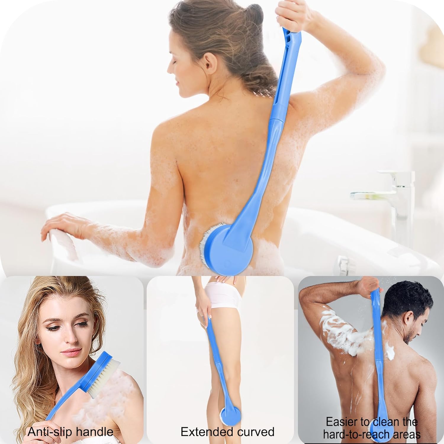 Cepillo De Baño Ducha Mango Largo, 55cm Cepillo para Baño, Con Para Personas Mayores Discapacitadas, Movilidad Limitada, Hombres y Mujeres Cepillo Exfoliante Corporal (Azul)