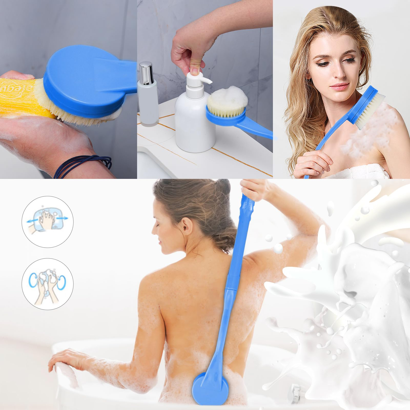 Cepillo De Baño Ducha Mango Largo, 55cm Cepillo para Baño, Con Para Personas Mayores Discapacitadas, Movilidad Limitada, Hombres y Mujeres Cepillo Exfoliante Corporal (Azul)