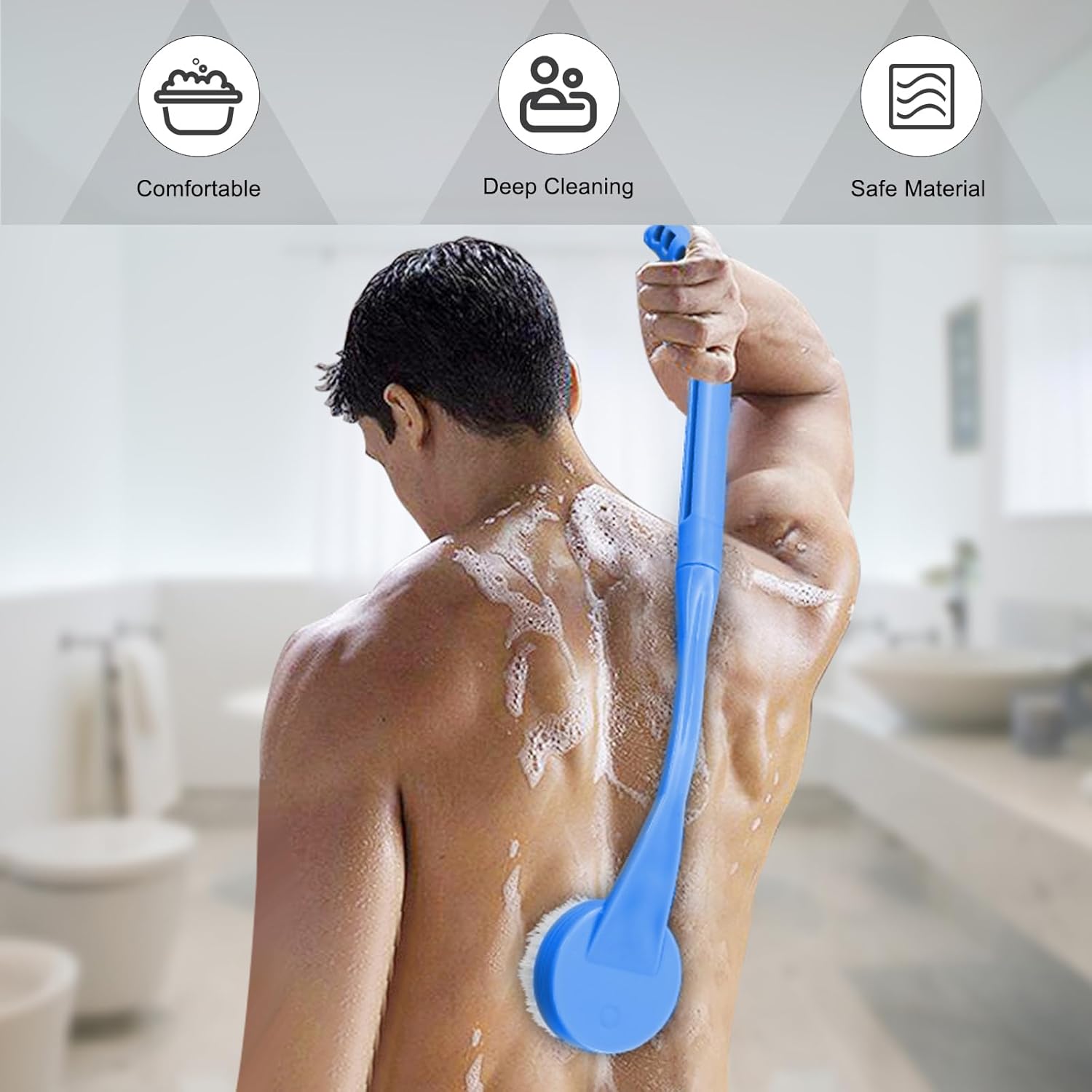 Cepillo De Baño Ducha Mango Largo, 55cm Cepillo para Baño, Con Para Personas Mayores Discapacitadas, Movilidad Limitada, Hombres y Mujeres Cepillo Exfoliante Corporal (Azul)